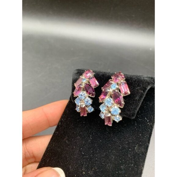 Purple and Blue Clip On Rhinestones Earrings Fancy Rhinestones Vintage Clips - Picture 3 of 5